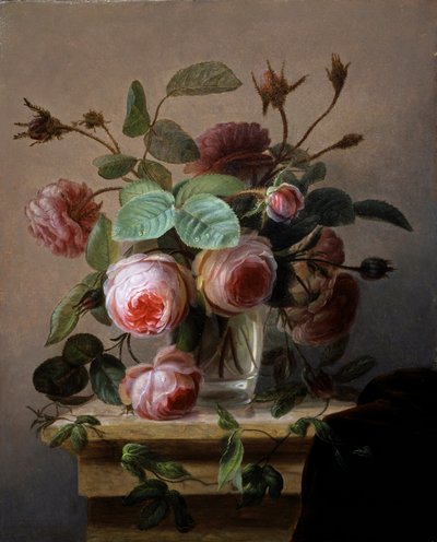 Cam vazo içinde pembe güllerden oluşan natürmort. Hans Hermann (1813-1890) tarafından yapılmıştır. Özel koleksiyon. by Hans Hermann