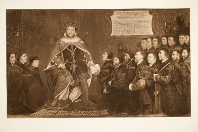 Henry VIII, Berber-Surgeons'a bir tüzük veriyor, c.1543, pub. 1902 (kollotip) by Hans Holbein der Jüngere