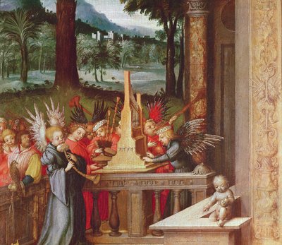 Bakire, Çocuk ve Azizler org çalan meleklerin detayı, meşe üzerine 1519 yağlı boya by Hans Holbein the Elder
