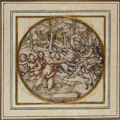 Diana ve Actaeon - Bir kolye veya şapka rozeti için tasarım, c.1532-43 (kağıt üzerinde kalem ve mürekkep) by Hans Holbein der Jüngere