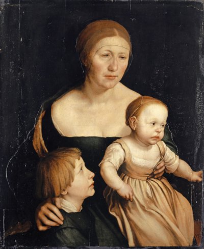 Sanatçının Karısının İki Büyük Çocukla Portresi, 1528-29 (ahşap üzerine monte edilmiş kağıt üzerine karışık teknik) by Hans Holbein der Jüngere
