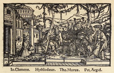 Basel'de yayınlanan, Sir Thomas More'un (1478-1535) 'Ütopya'nın 1518 üçüncü baskısından, yazarın kahramanı Raphael Hythloday ile Ütopya adasında bulduğu ideal toplum hakkında konuşmasını gösteren gravür. Genç Hans Holbein tarafından gravür by Hans Holbein der Jüngere