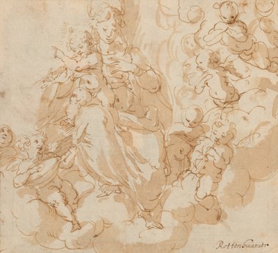 Recto: Putti ile çevrili bulutların üzerinde oturan Bakire ve Çocuk by Hans I or Johann Rottenhammer