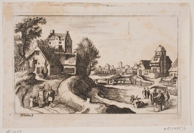 Köy. Solda, başında sepet olan bir kadın ve yanında küçük bir çocuk olan bir yol. by Hans Jørgen Kirksteen