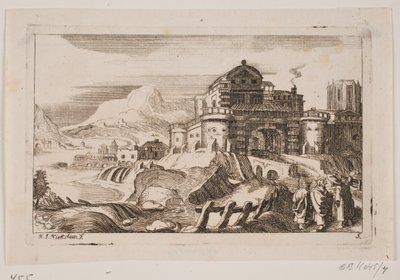 Bir şehir kapısının önünde İsa ve iki havari ile manzara by Hans Jørgen Kirksteen