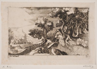 Sağda ağaçların arasında bir kulübe olan manzara by Hans Jørgen Kirksteen