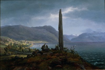 Yakında Balestrand tarafından Leikanger üzerindeki Frithjof anıt taşı (tuval üzerine yağlı boya) by Hans Leganger Reusch