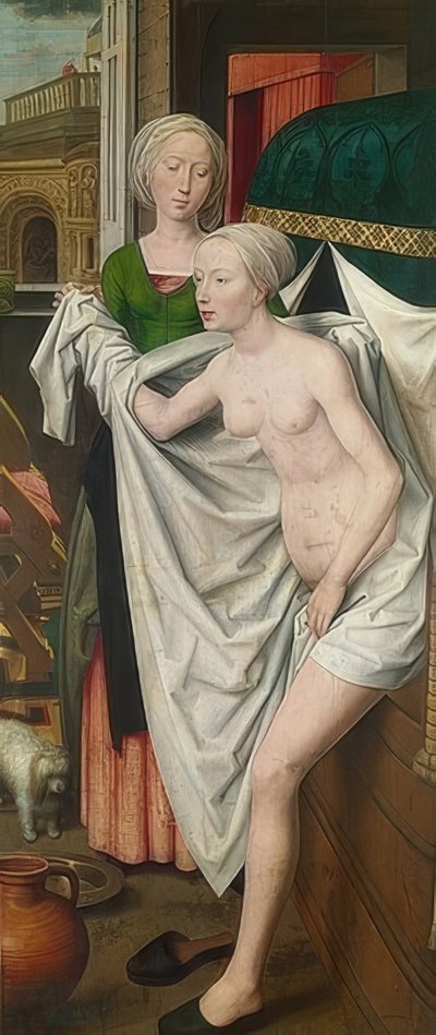 Bathsheba banyoda. 1485 civarında by Hans Memling