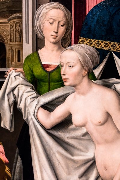 Bathsheba hamamda, yaklaşık 1485 (Ahşap (meşe) üzerine tempera ve yağlıboya) by Hans Memling