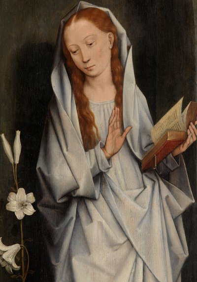 Müjde'yi gösteren bir çift kanadın arkasından Bakire'nin detayı (panel üzerinde yağlı boya) by Hans Memling