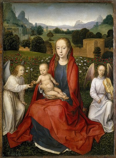 Madonna, çocuğu ve iki meleğiyle. 1480-90 by Hans Memling
