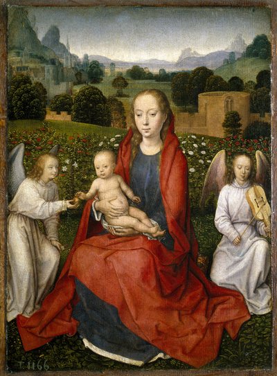 Bakire ve çocuk ve iki melek, 1480-1490 by Hans Memling