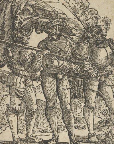 Her iki tarafta bir Lansquenet tarafından kuşatılmış bir Standart Taşıyıcı kopyası. by Hans Schäufelein the Elder