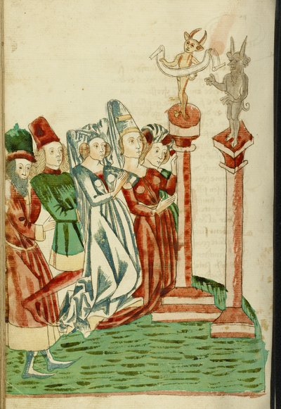 Bir Grup Erkek ve Kadın İki Puta Tapar, 1469 (kağıt üzerinde mürekkep, yıkama ve tempera) by Hans Schilling