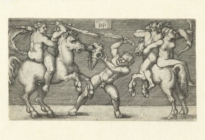 At sırtında kadınlar ve ayakta duran bir adamla iki adam arasında kavga by Hans Sebald Beham