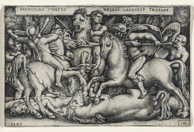 Truva Atlarına Karşı Savaşan Herkül, 1545 (kağıt üzerine gravür) by Hans Sebald Beham