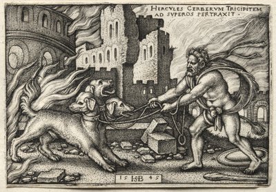 Herkül'ün Emekleri: Herkül, Cerberus'u Yeraltı Dünyasından Sürüklerken by Hans Sebald Beham