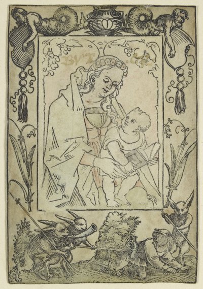 Bakire ve Çocuk, bir Sınırla çevrili bir Avcı ve bazı Tavşanlar (tahta baskı, suluboyada fazla işlenmiş, parşömen üzerine basılmış) by Hans Sebald Beham