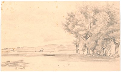 Sürülmüş tarlalarla peyzaj; t.h. uzun ağaçlar by Hans Smidth