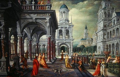 Mimari Arkaplanlı Bathsheba ve David (meşe üzerine yağlı boya) by Hans Vredeman de Vries