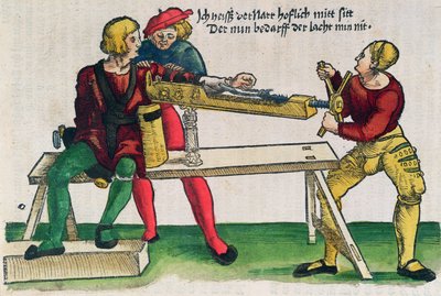 Kol kırıklarını iyileştirmek için aparat, Hans von Gersdorff'un 'Feldtbuch der Wundartzney' adlı tablosundan bir çizim, c.1540 (renkli gravür) by Hans or Johannes Ulrich Wechtlin