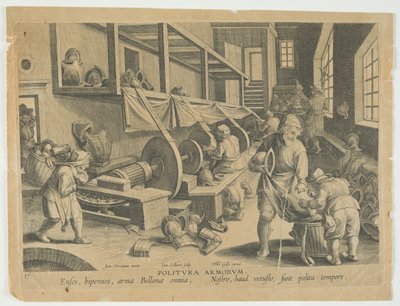 Politura Zırhı, Parlatma Kolları, Nova Reperta serisinden plaka 17, Modern Keşifler, c.1588 (gravür) by Hans the younger Collaert