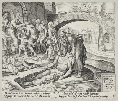 Ne mutlu merhametlilere. Tobit ölüleri gömüyor, çıplakları giydiriyor ve açları doyuruyor. by Harmen Jansz. Muller