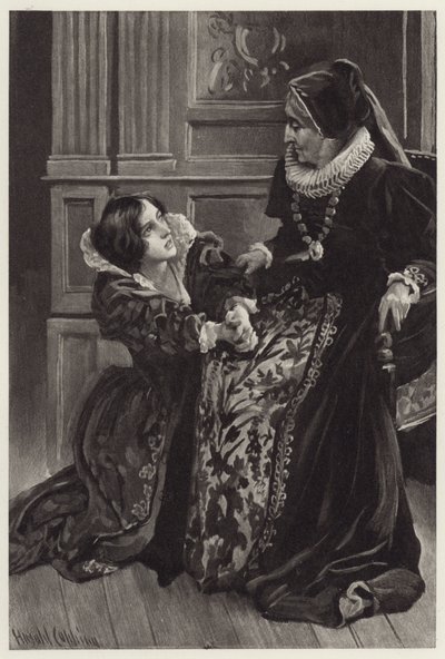 Helena dizlerinin üzerinde artık aşkının sahibiydi ve utanç ve korku içinde asil metresinin affını diledi. by Harold Copping