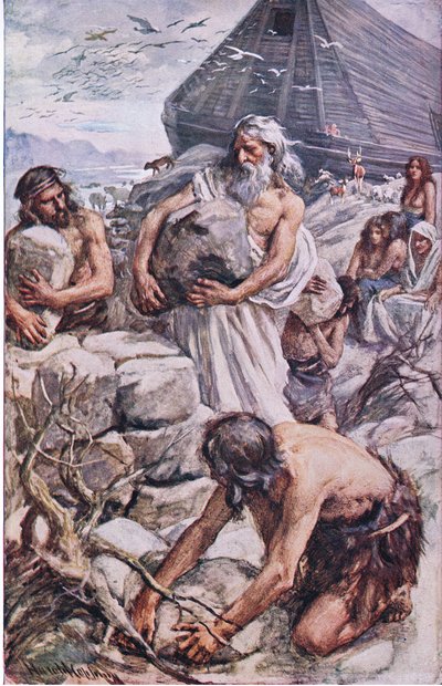 Nuh sunağını inşa ediyor, Taç Dizisini Öğreten Resimlerden bir örnek, 1920 by Harold Copping