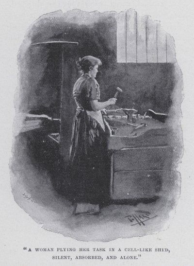 "Hücre benzeri bir kulübede işini yapan bir kadın, sessiz, dalgın ve yalnız" (s/b fotoğraf) by Harold Hume Piffard