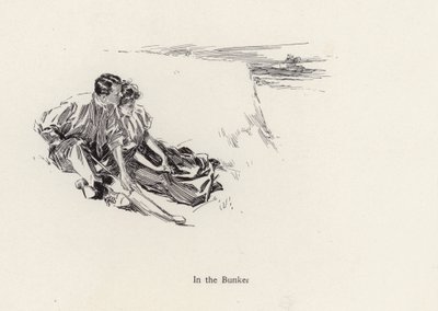Golf sahasında bir sığınakta romantik bir kucaklamada çift (litho) by Harrison Fisher