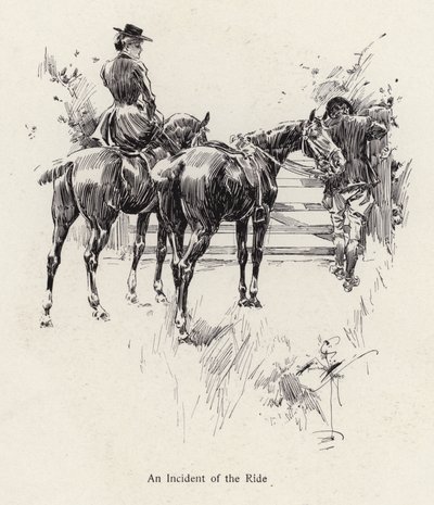Bir kapıyı açmak için duraklayan at binicileri (lito) by Harrison Fisher
