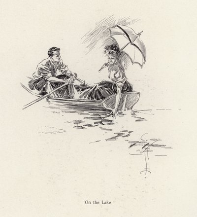 Erkek ve kadın gölde bir kayıkta (litho) by Harrison Fisher