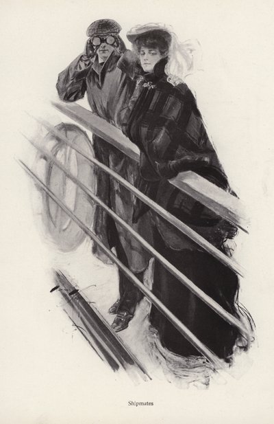Bir geminin korkuluklarına bakan kadın ve erkek (litho) by Harrison Fisher