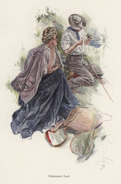 Bir kadın bakarken nehir kıyısında balık tutan adam (renkli taş) by Harrison Fisher