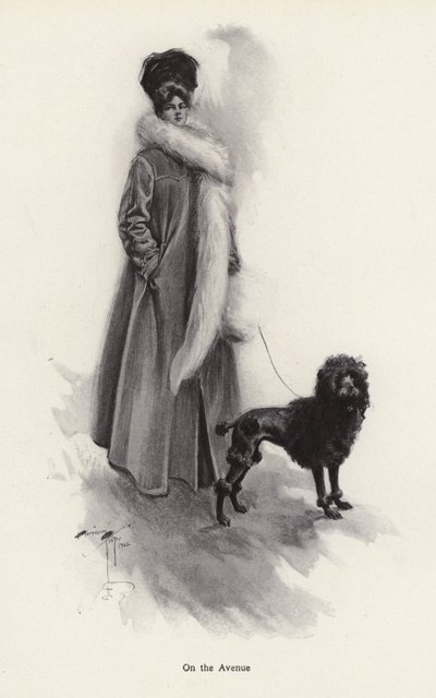 Bir fino köpeği ile uzun paltolu kadın (litho) by Harrison Fisher