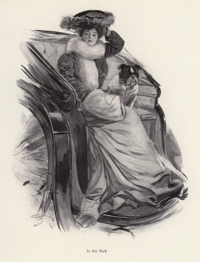 Köpeğiyle bir arabada oturan kadın (lito) by Harrison Fisher