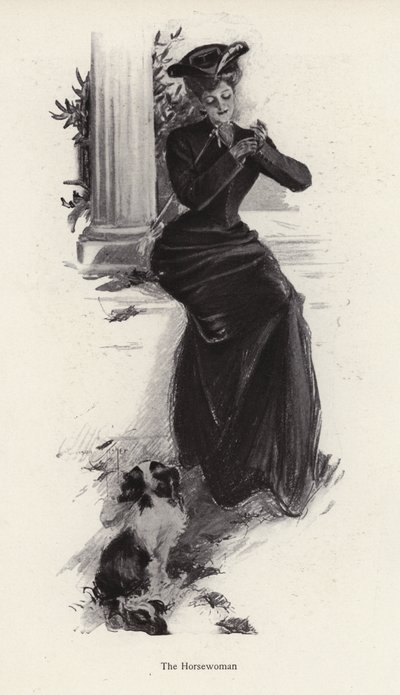 Genç kadın ve köpeği ata binmeyi bekliyor (litho) by Harrison Fisher