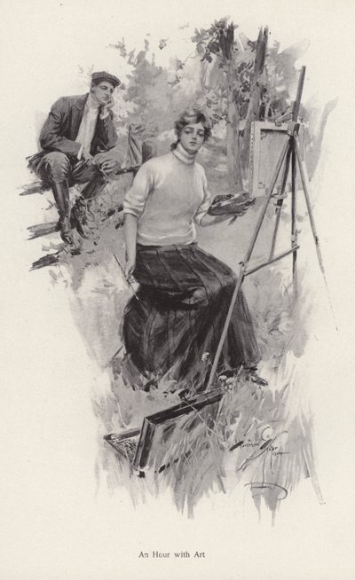 Genç bir kadın ressam, genç bir adam bakarken kırsalda resim yapıyor (litho) by Harrison Fisher