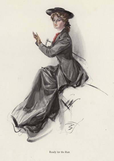 Genç kadın ata binmeye hazırlanıyor (renkli taş) by Harrison Fisher