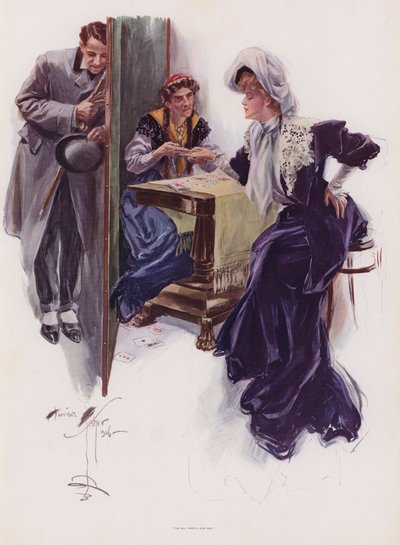 Geleceğini bir çingeneye anlatan genç bir kadın (renkli taş) by Harrison Fisher
