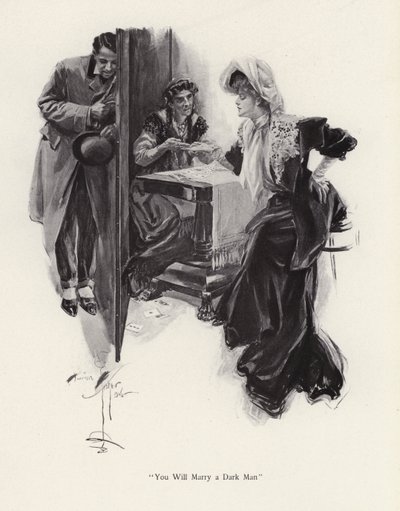 Bir Çingene (lito) tarafından geleceğini söyleyen genç kadın by Harrison Fisher
