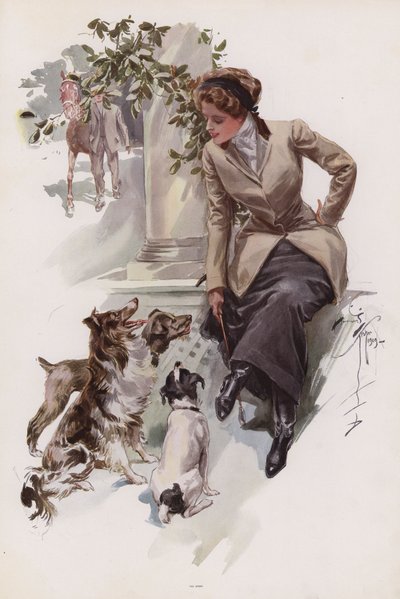 Binicilik alışkanlığı olan genç bir kadın köpekleriyle oturuyor (renkli litho) by Harrison Fisher