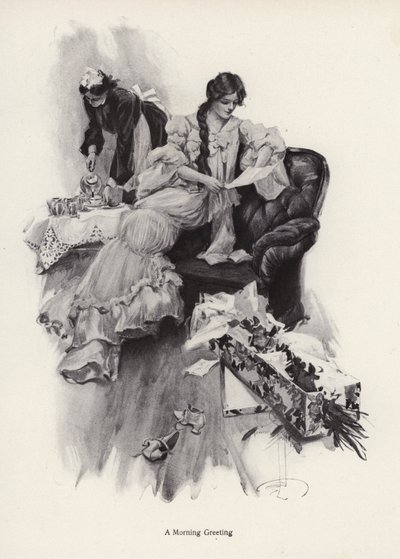 Bir buket çiçek ve bir hayranından mektup alan genç kadın (litho) by Harrison Fisher