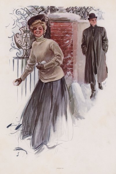 Bir erkeğe kartopu atmak için bekleyen genç kadın (renkli taş) by Harrison Fisher
