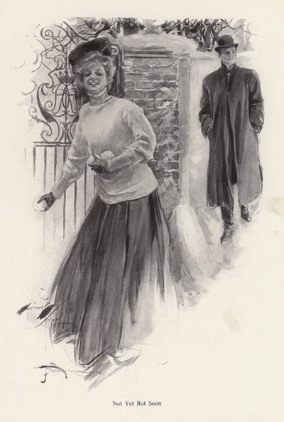 Bir erkeğe kartopu atmak için bekleyen genç kadın (lito) by Harrison Fisher
