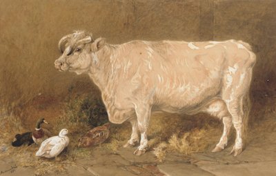 Bir ahırda ördekler ile inek by Harrison William Weir