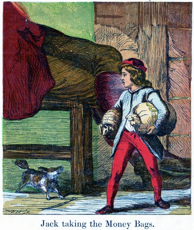 Jack, Giant'ın kalesinden para çantalarını alırken, 1867 (chromolitho) by Harrison William Weir