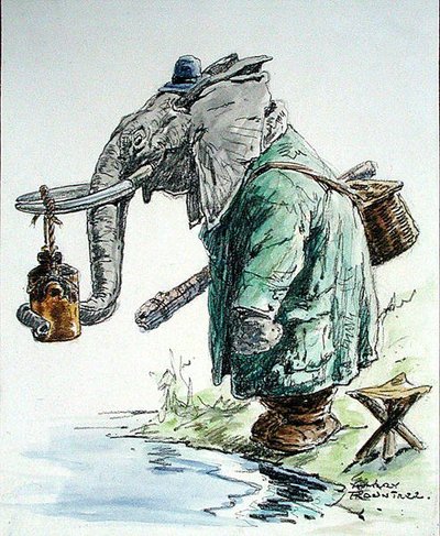 Fil Balığa Gider (kalem, mürekkep, suluboya ve kağıt üzerine karakalem) by Harry Rountree