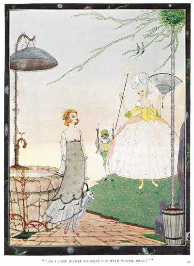 "Buraya size su ikram etmeye mi geldim, dua edin?" "Peri" öyküsünün illüstrasyonu. İyi giyimli bir bayan görünümünde bir peri ile tanışan genç bir kadın. by Harry Clarke